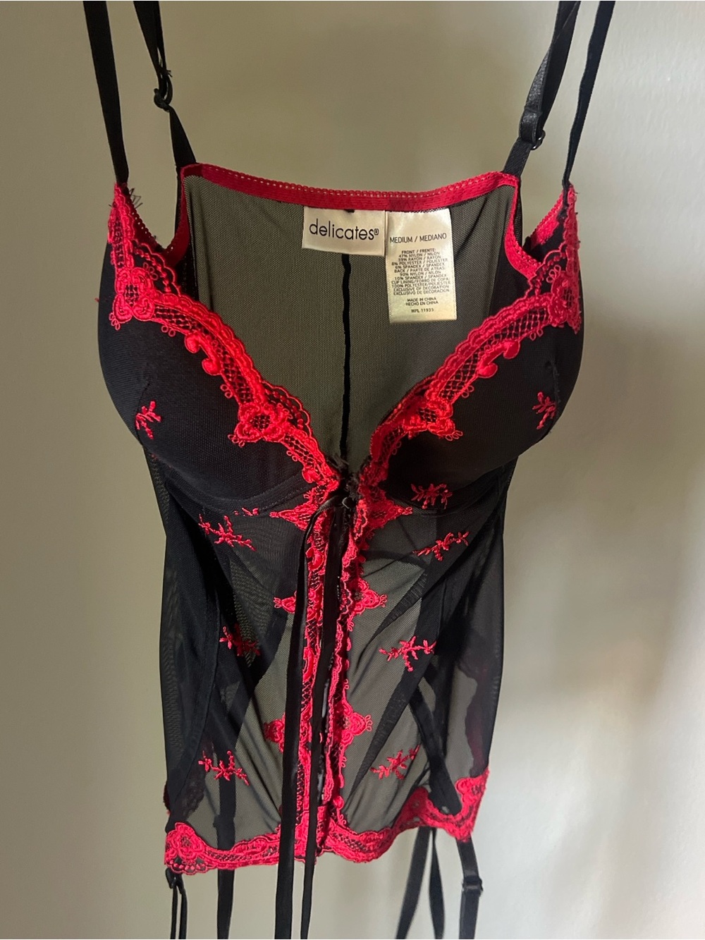 Delicates black lace cami corset top red floral embroidery lingerie size M